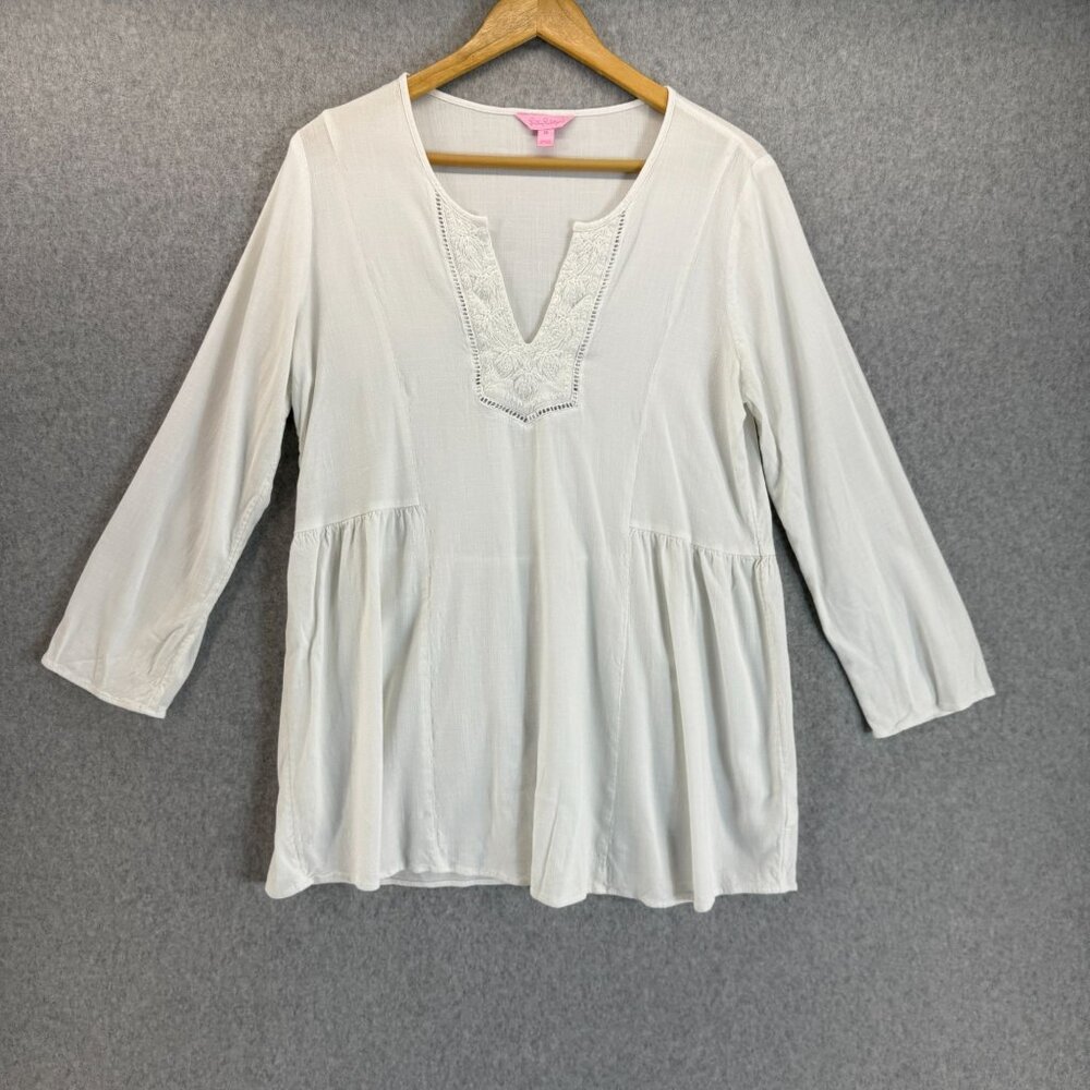 Lilly Pulitzer White Peasant Lyndsea Tunic Top Embroidered V- Neck Womens Medium